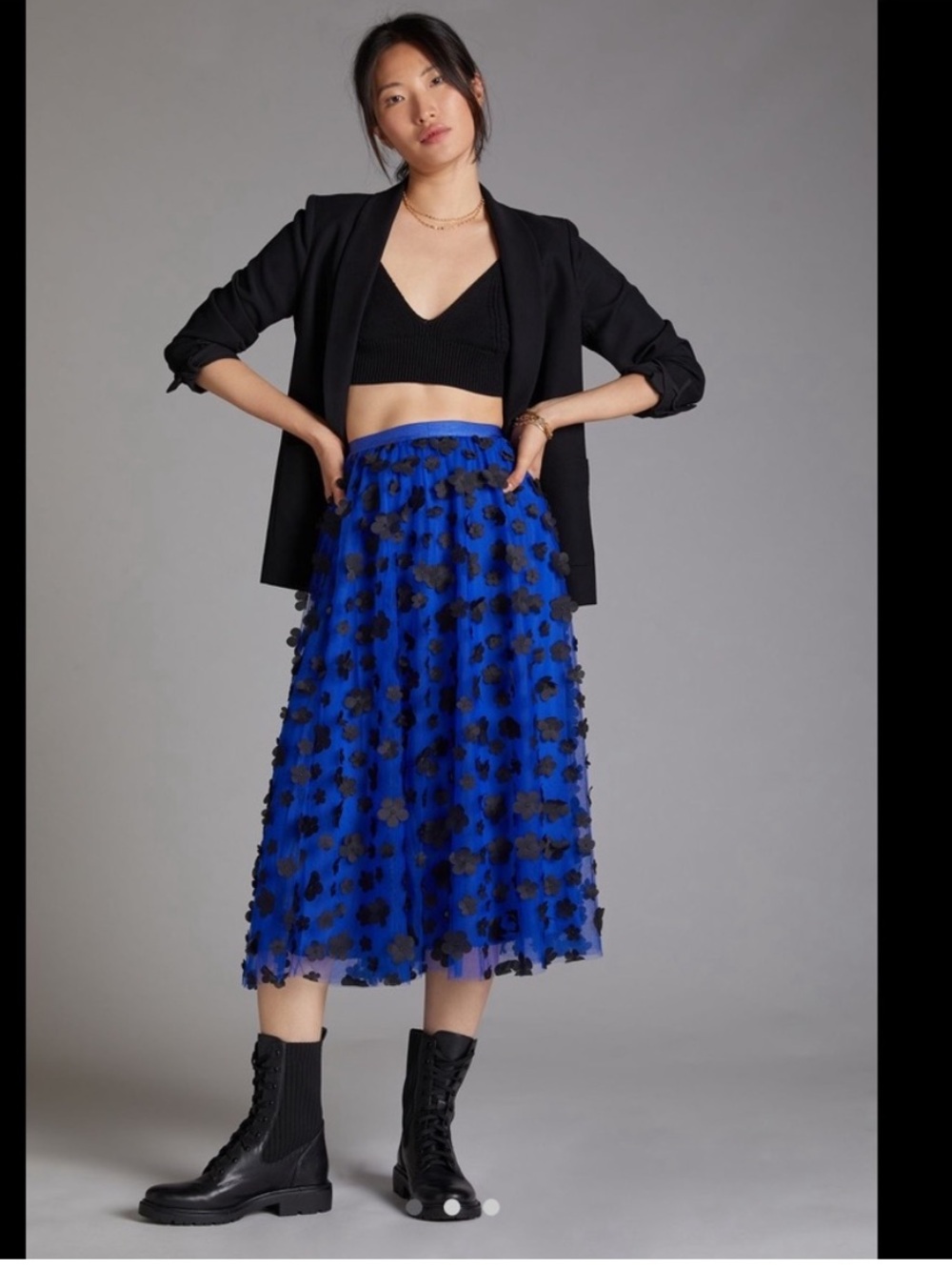 NWT Anthropologie size XS Tulle Blue Floral Appliqué Midi Skirt